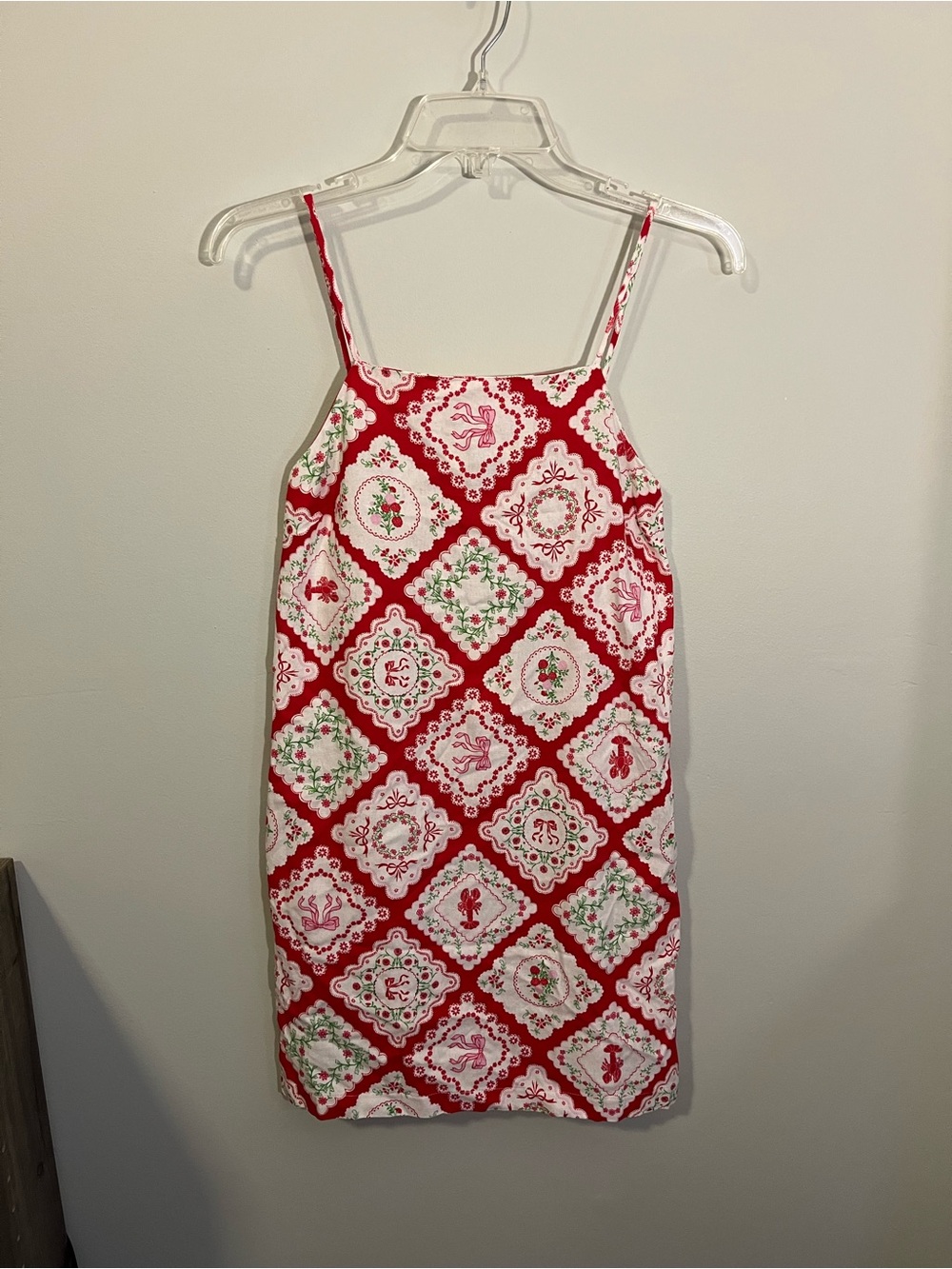 MONTEAU nwt Red & White Linen Patchwork Dress ft Bows & Lobsters